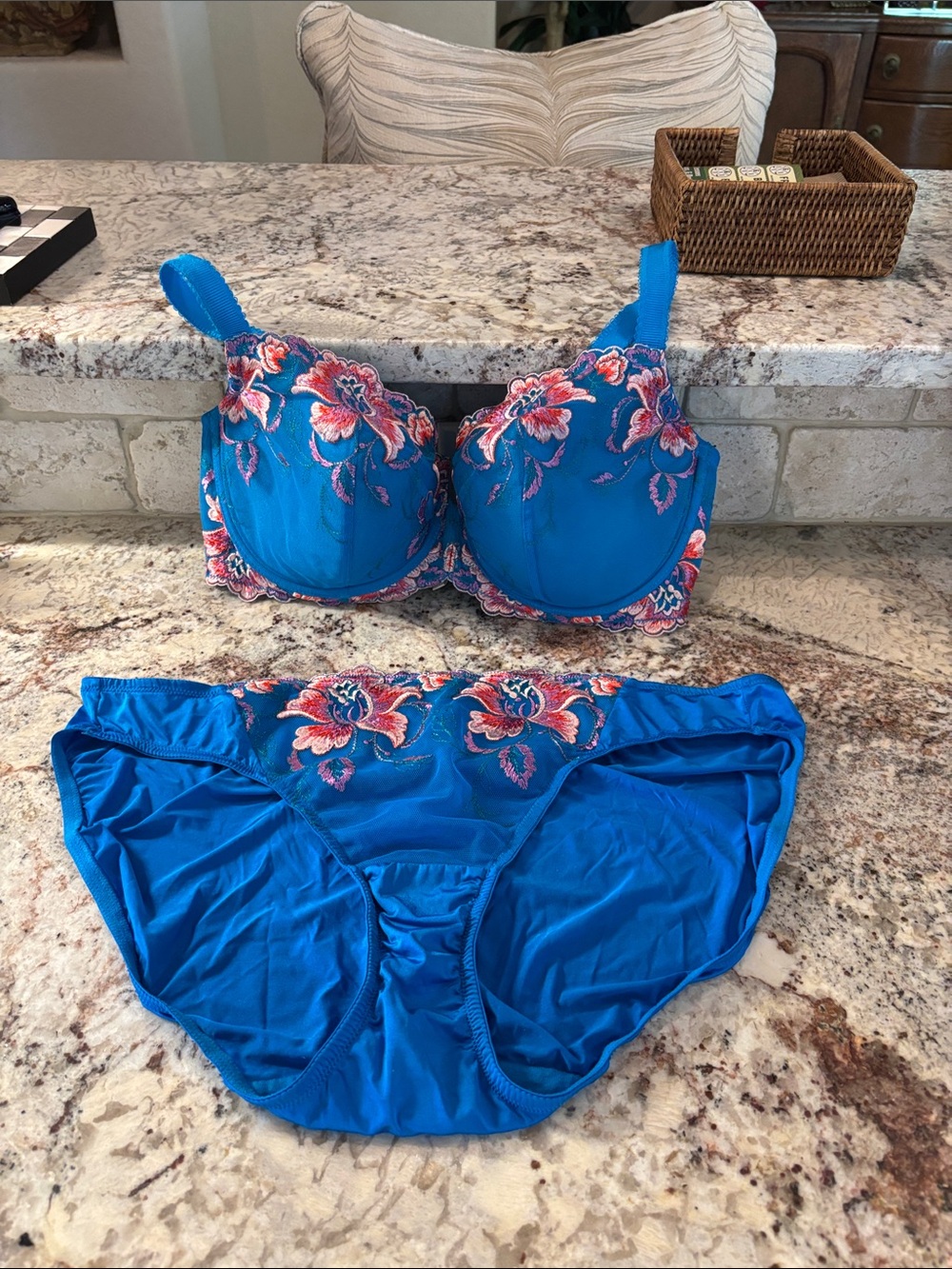 Soma Bright Blue Bra and Brief Set with Pink Floral Embroidery